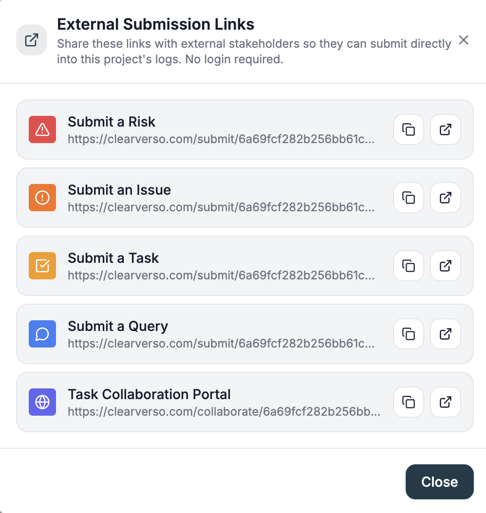 ClearVerso external submission links modal for sharing risk, issue, task and query forms