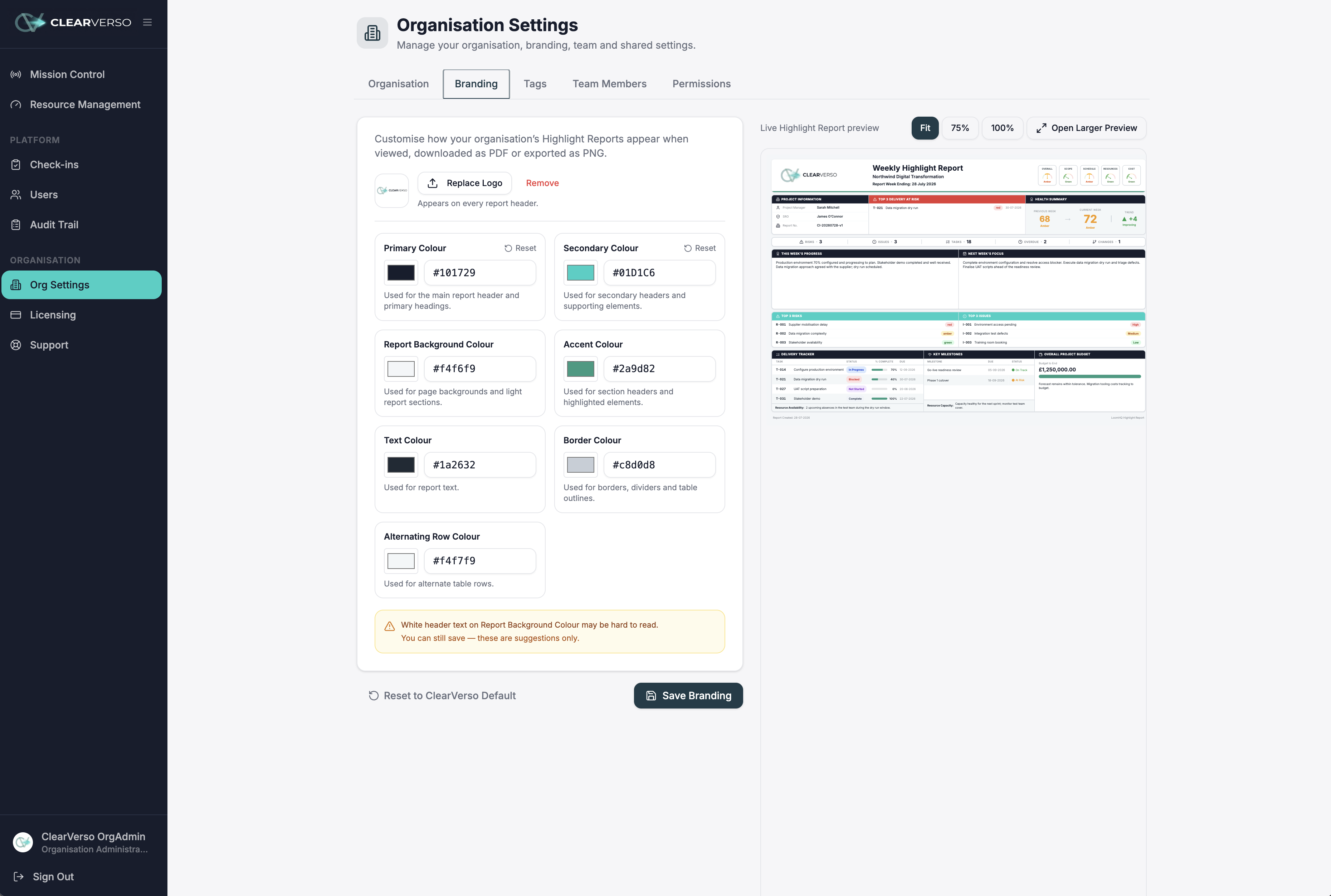 ClearVerso organisation settings branding tab with colour customisation and live highlight report preview
