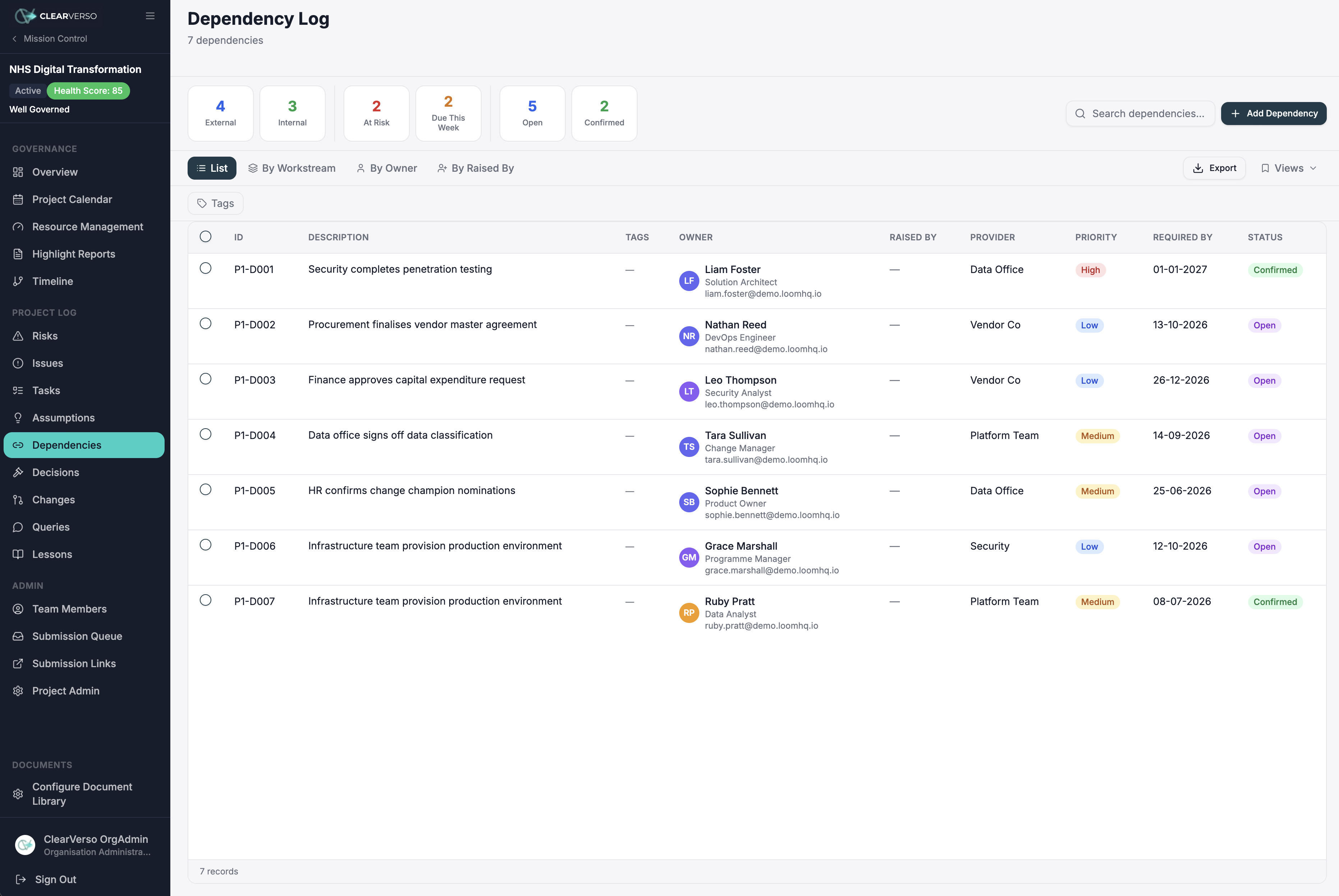 ClearVerso project dependency log with provider, priority and status tracking