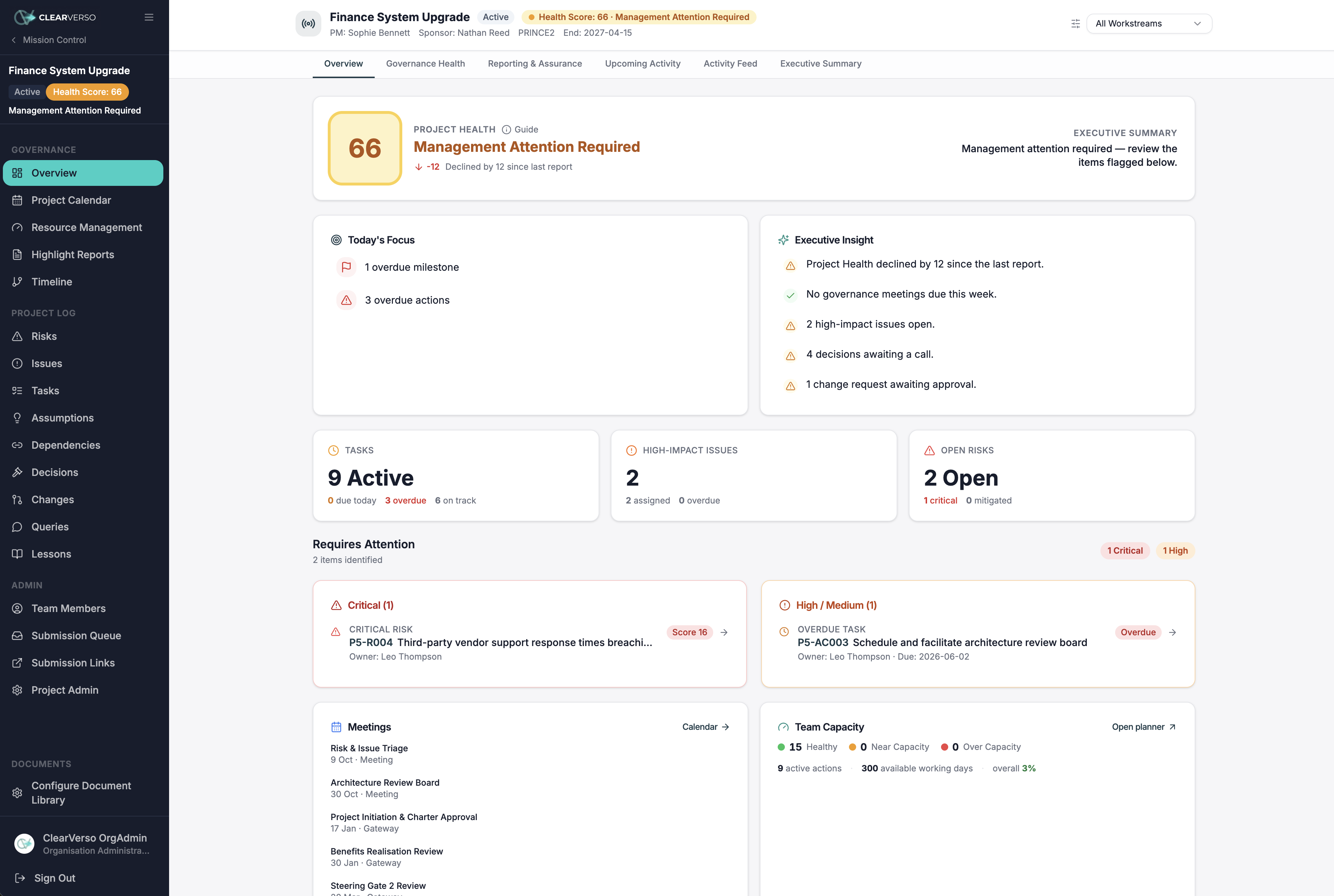 ClearVerso project overview command centre with health score, focus items and capacity