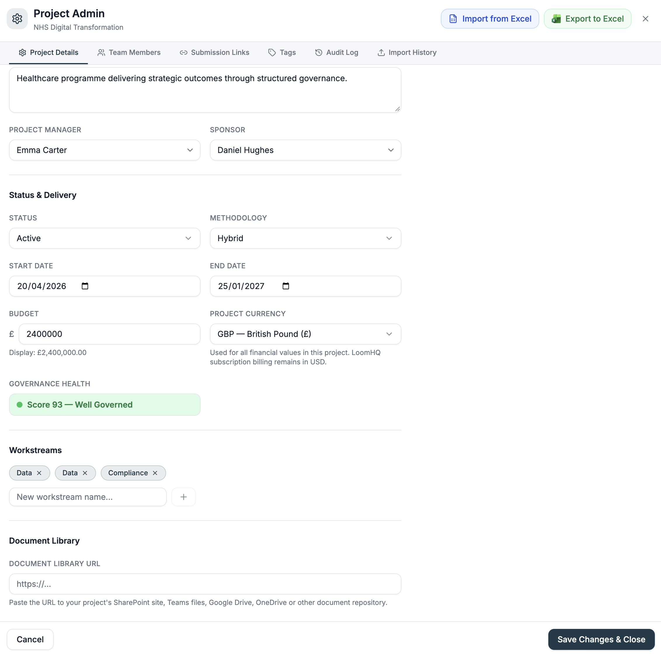ClearVerso Project Admin dialog showing Import from Excel and Export to Excel buttons, project details and Document Library URL configuration