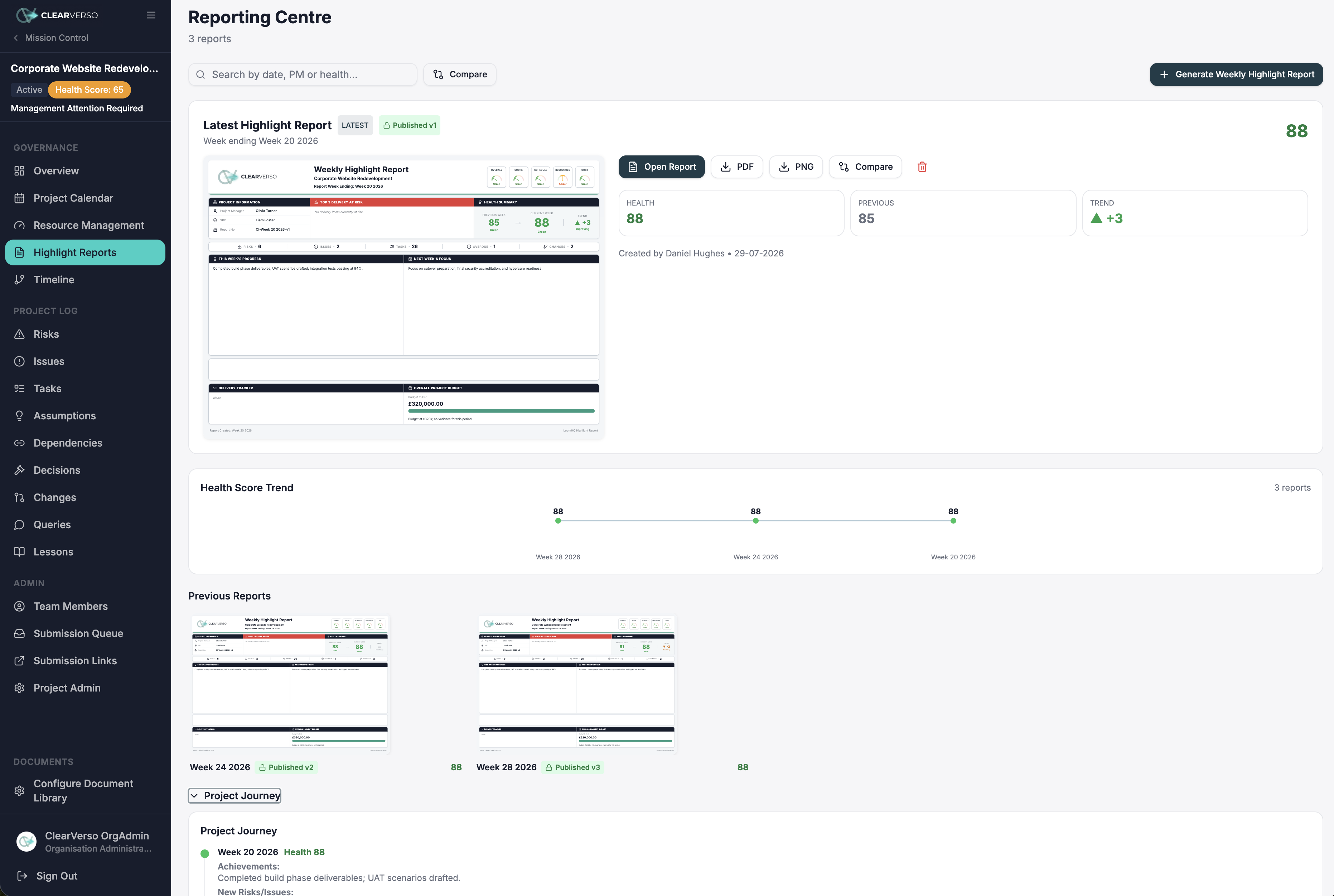 ClearVerso Reporting Centre with highlight reports, health score trend and exports